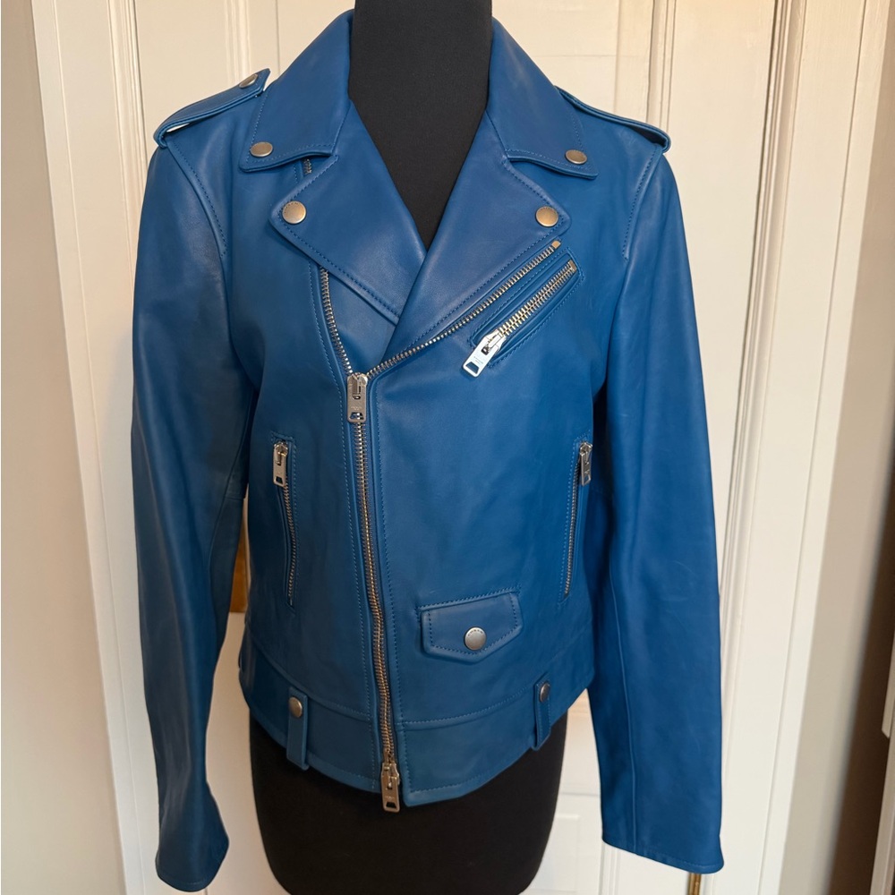 Coach Blue Leather Moto Jacket NWT. RETAIL $995 Sz 10